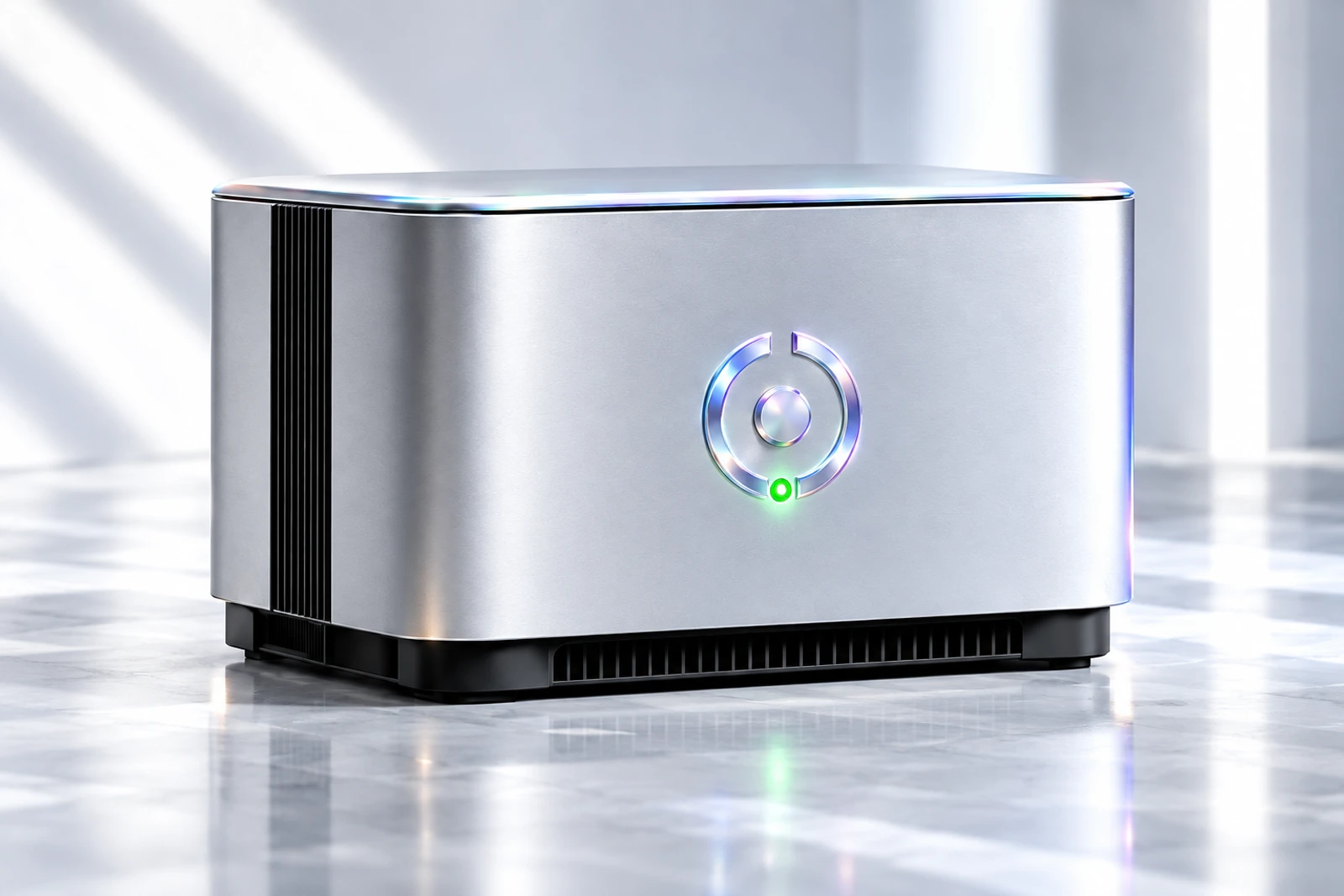 Silver AI Box concept with a holographic Offgrid emblem and green light